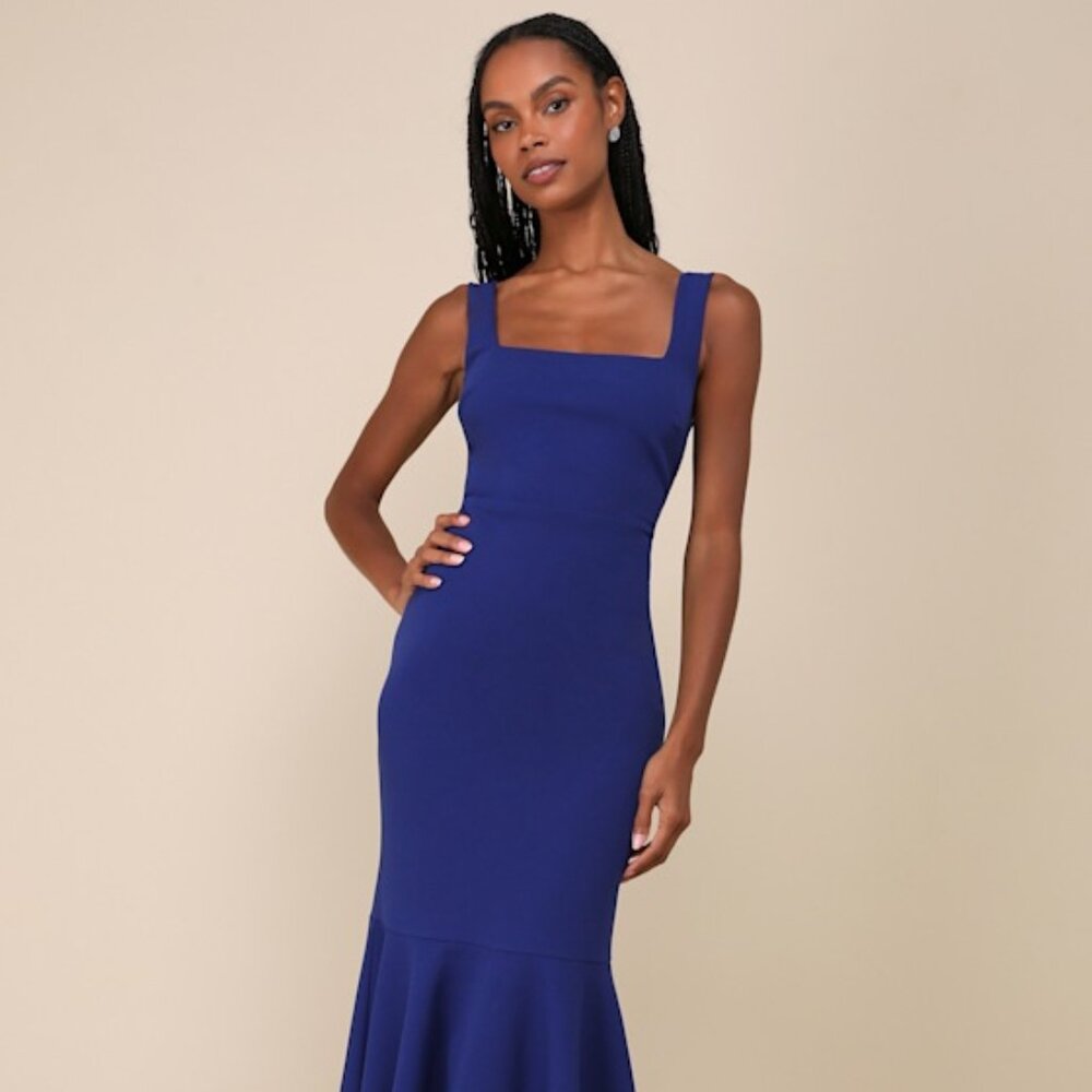 Lulus Moment Maker Cobalt Blue Square Neck Trumpet Midi Dress - Size L - Picture 1 of 1